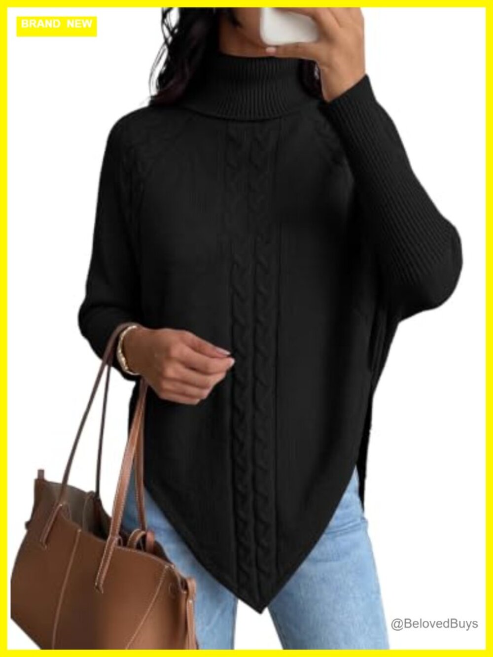 Womens Cable Knit Turtleneck Poncho Sweater Batwing Sleeve Oversized